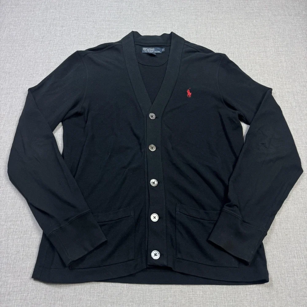 Polo Ralph Lauren Button-Up V-Neck Cardigan Sweater Mens Small Black Cotton
